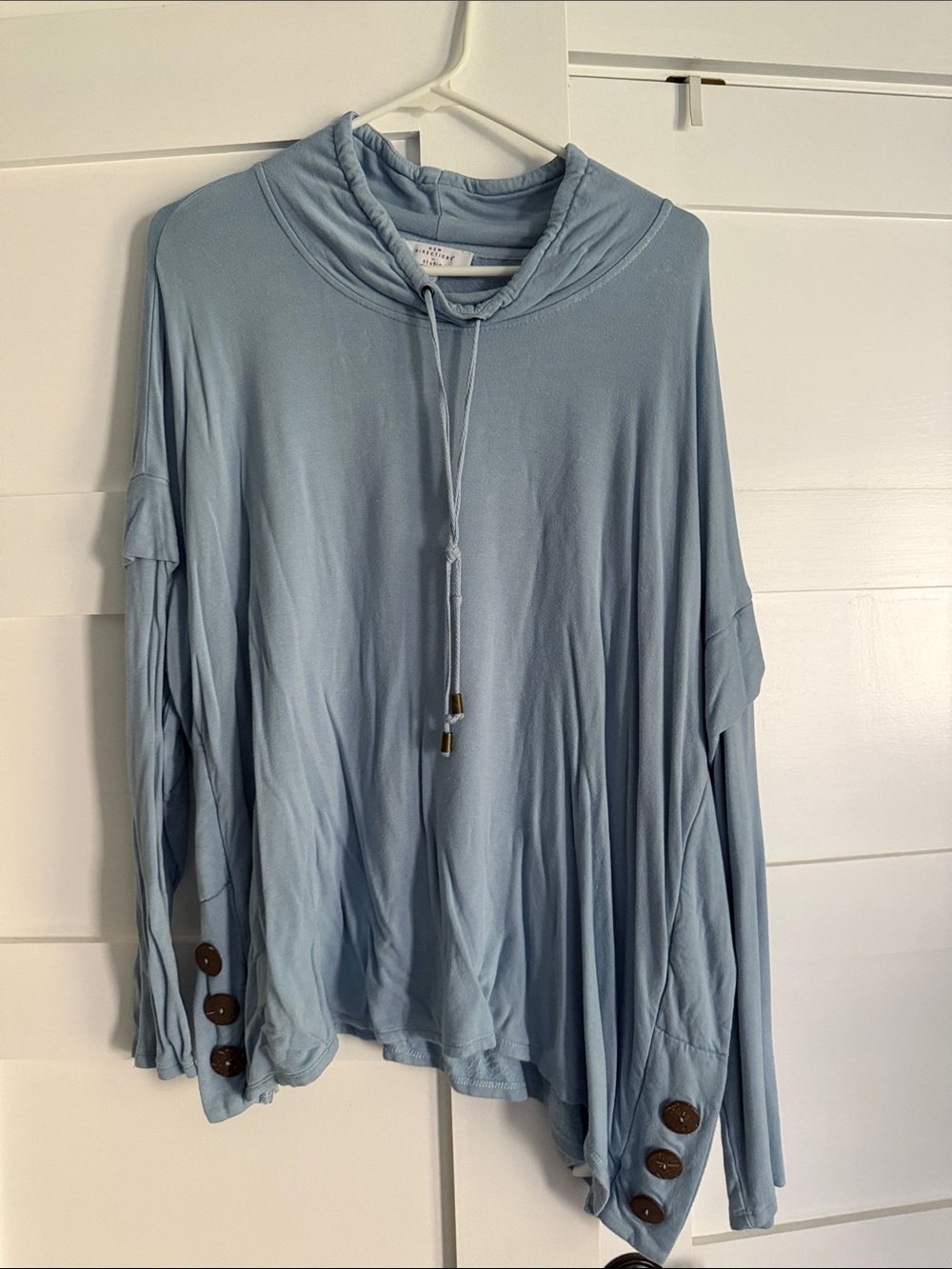 new directions light blue draped cowl hoodie with button cuffs